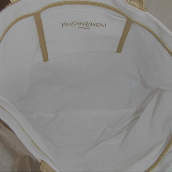 Yves Saint Laurent YSL Parfums White Canvas Gold Trim Tote Bag Shopping Travel - Picture 4 of 5